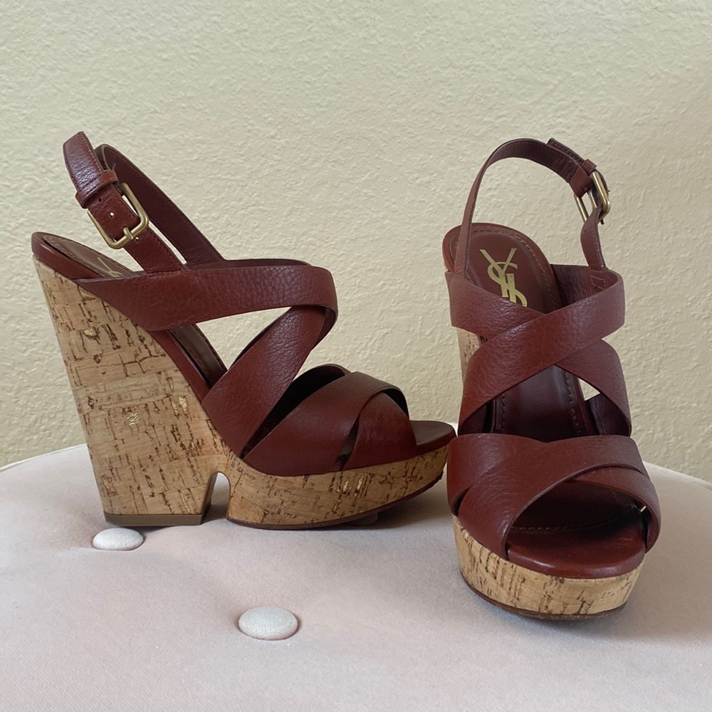 YSL Deauville Black Suede Cork Wedge Heel Sandals size US 6 / EU 36